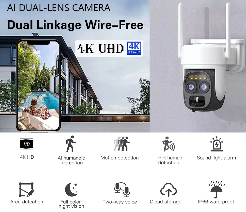 4K 8MP Dual Lens WiFi Solar Camera Outdoor 10x Optical Zoom Two-Way Audio Color Night Vision Bulit-In Battery Security Camera