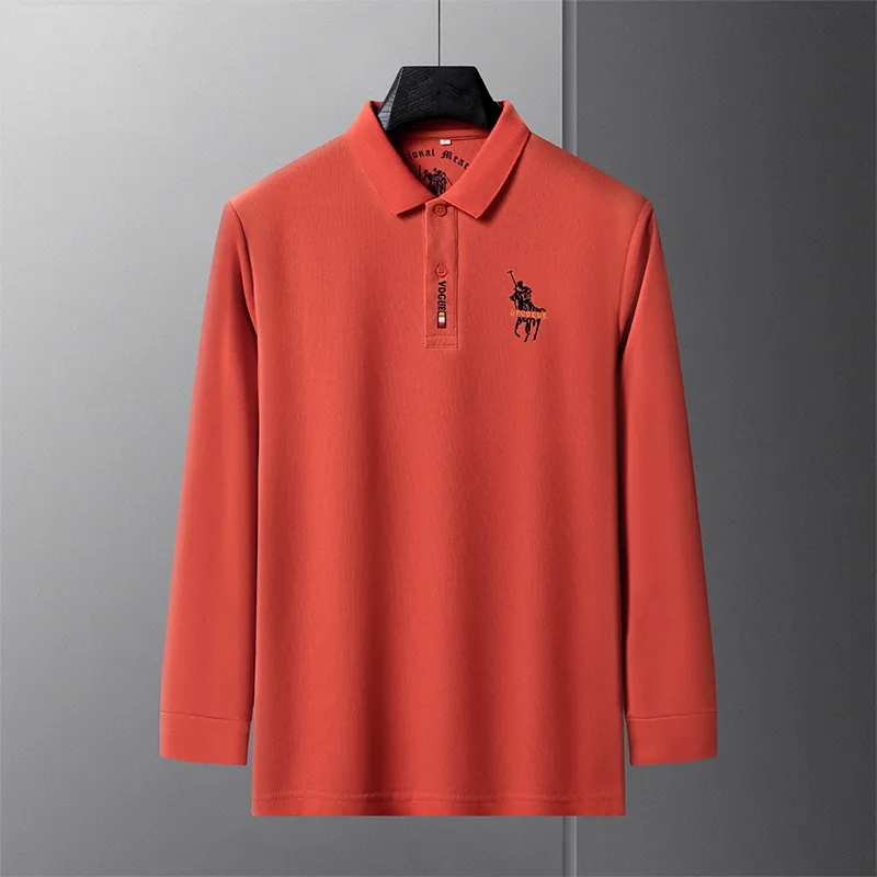 Polo hommes à manches longues t-shirt couleur unie revers affaires haut formel décontracté broderie chevalier Polos t-shirt individus qui réussissent