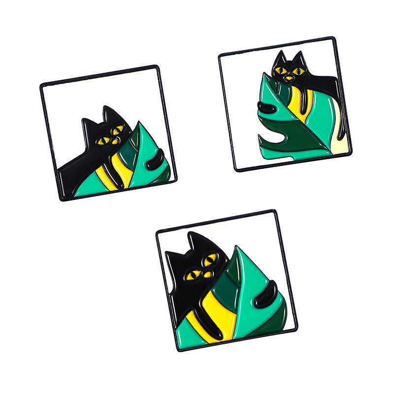 Ontwerper luxe broche cartoon zwarte kat broche badge met gras kat schattige druppel olie badge student sieraden metalen tas gesp