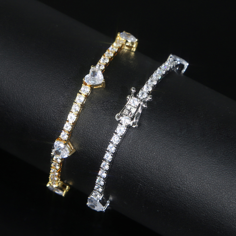 Mini 6mm Heart Love Zircon with 2.5mm Round Zircon Tennis Chain Bangle Elegant Bracelet Hip Hop Paved Cubic Zirconia Women Party Gift Wholesale Jewelry