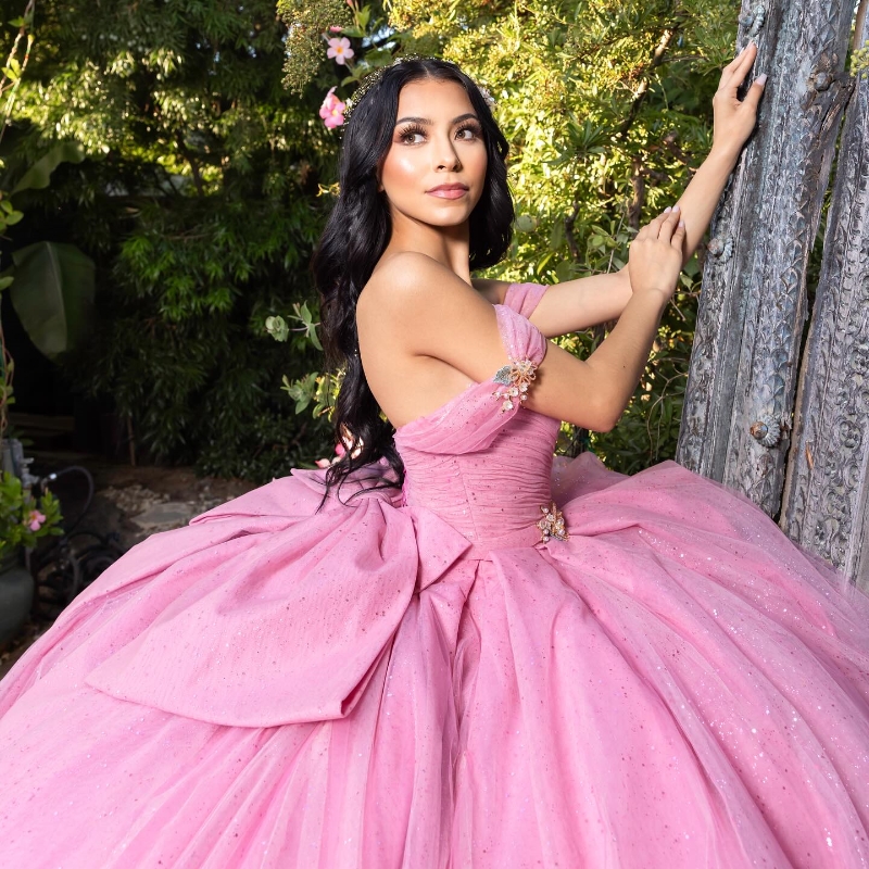 Pembe parlak tül tatlım quinceanera omuz boncuklar dantel yay balo elbisesi tatlı on altı elbise elbiseleri vestidos de 15