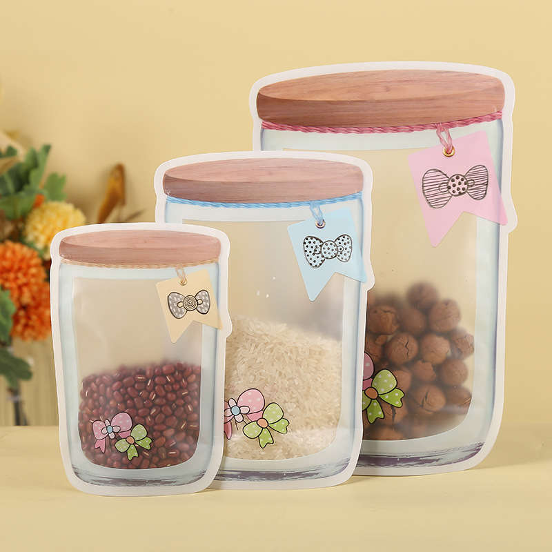 Armazenamento de alimentos de plástico Stand Up Bags Mason Jar Garrafas Forma Zipper Mylar Smell Proof Bolsa para Biscoitos Lanche Amendoim Açúcar Doces Café Feijão Em Pó Nozes Embalagem de Chá