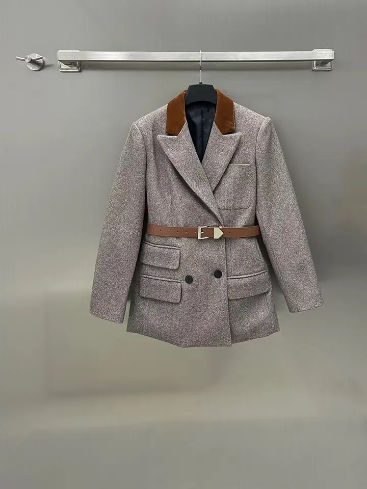 P0028 Damen-Jacken, Designer-Blazer, Kontrast-Polo-Kragen, Taille, tief angesetzte Schulter, Anzug, Mantel, Herbst-Winter, mittellanger Vintage-Anzug aus Cord, Gun-Revers, Wolle