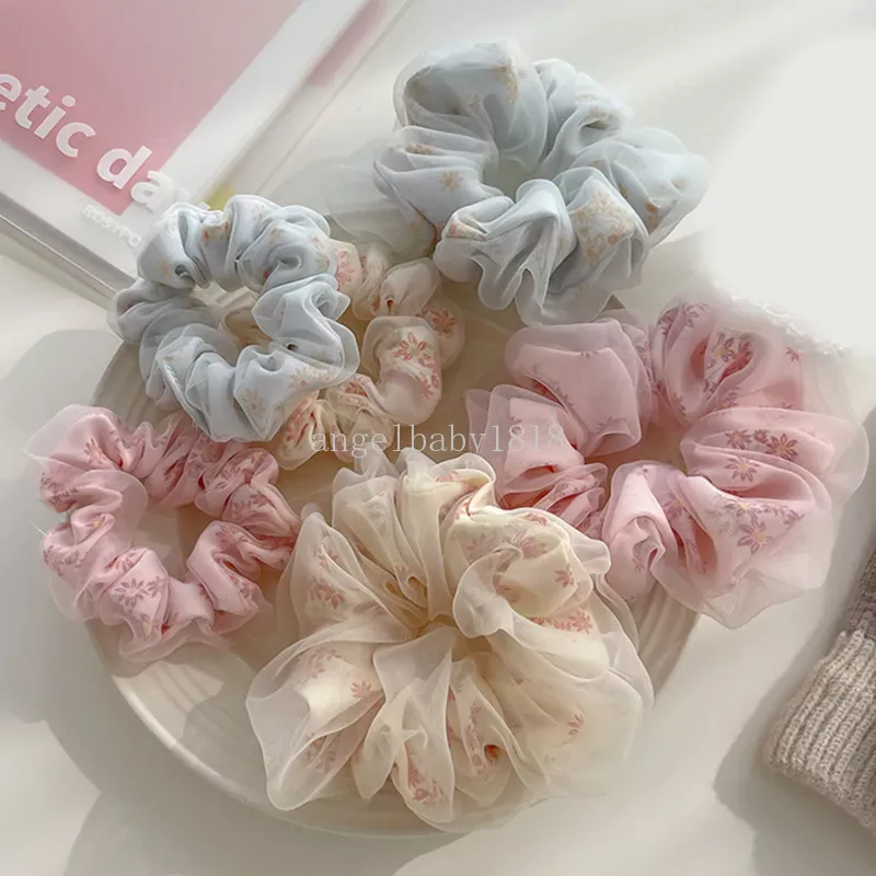 Scrunchies in organza a doppio strato Maglia elastica floreale capelli Fascia coda di cavallo Elastici capelli Elastici capelli Accessori capelli ragazze