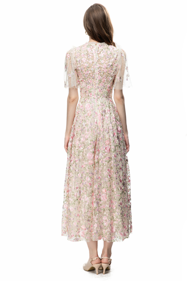Women's Runway Dresses O Neck Short Sleeves Embroidery Floral Layered Elegant Party Prom Gown