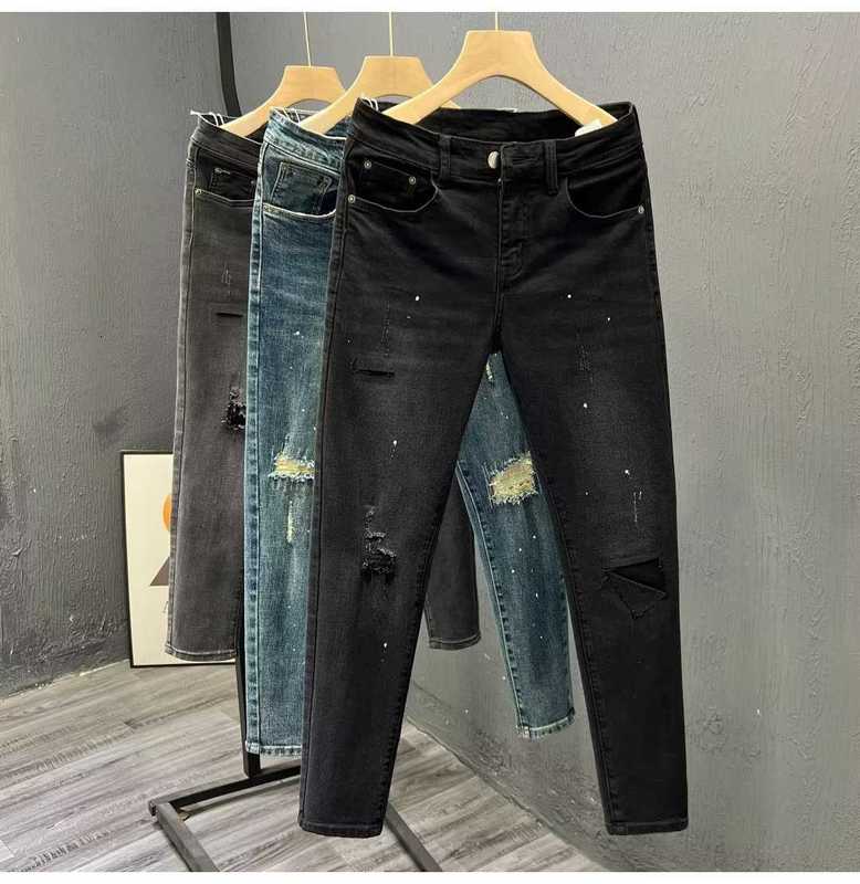 Jeans masculinos designer preto moedor de pedra lavado buraco de lágrima europeu outono / verão 2023 nova marca de moda elástica slim fit pequena manga reta HSVE