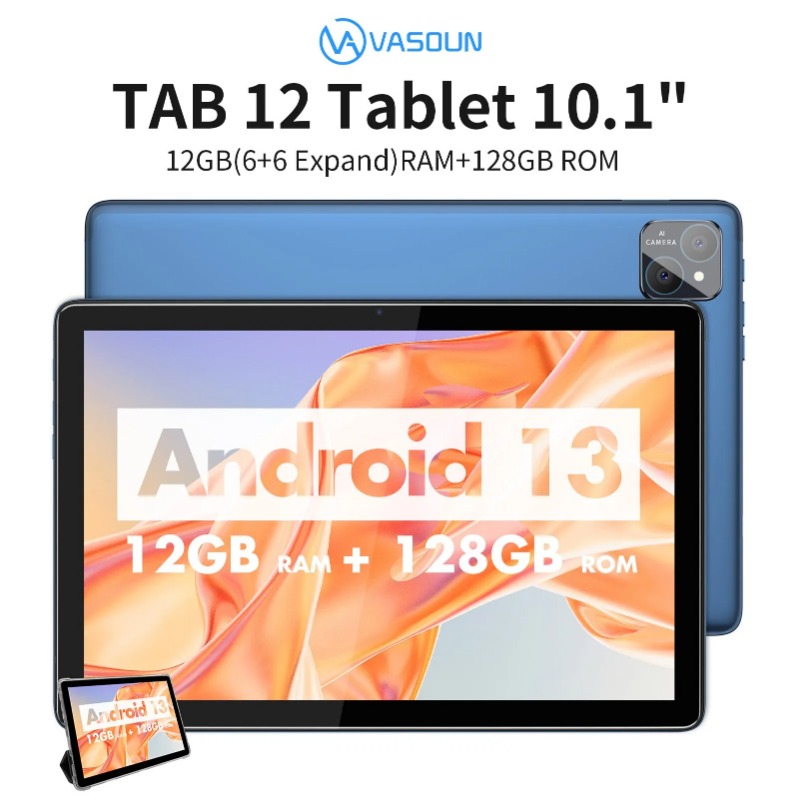 VASOUN Android 13 Tablet 10,1 Zoll, 12 GB 6+6 erweiterbar RAM, 128 GB ROM, Octa Core, Dual-SIM 4G entsperrt mit 2,4 G/5 G WiFi GPS