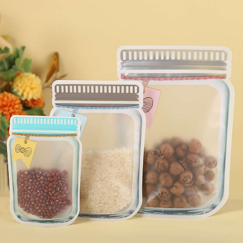 Armazenamento de alimentos de plástico Stand Up Bags Mason Jar Garrafas Forma Zipper Mylar Smell Proof Bolsa para Biscoitos Lanche Amendoim Açúcar Doces Café Feijão Em Pó Nozes Embalagem de Chá