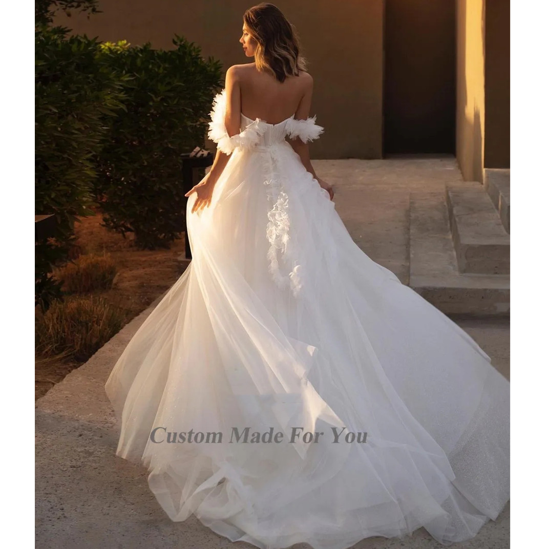 Princess White Off The Shoulder Wedding Dress Long Ruffles Sleeves Garden Appliques Bridal Gowns Robe De Mariage Ball Gowns Plus Size