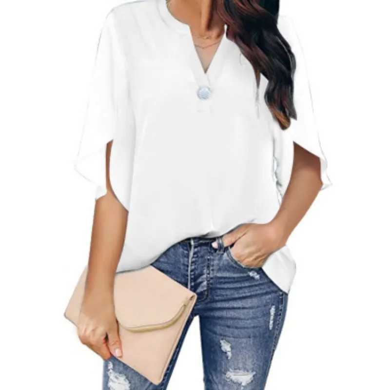 Blouses Femmes Chemises Femmes élégantes Blouse Casual Tshirt Été Simple Solide À Manches Courtes Vneck Bureau Lady Mousseline De Soie Chemise Top SXXXL