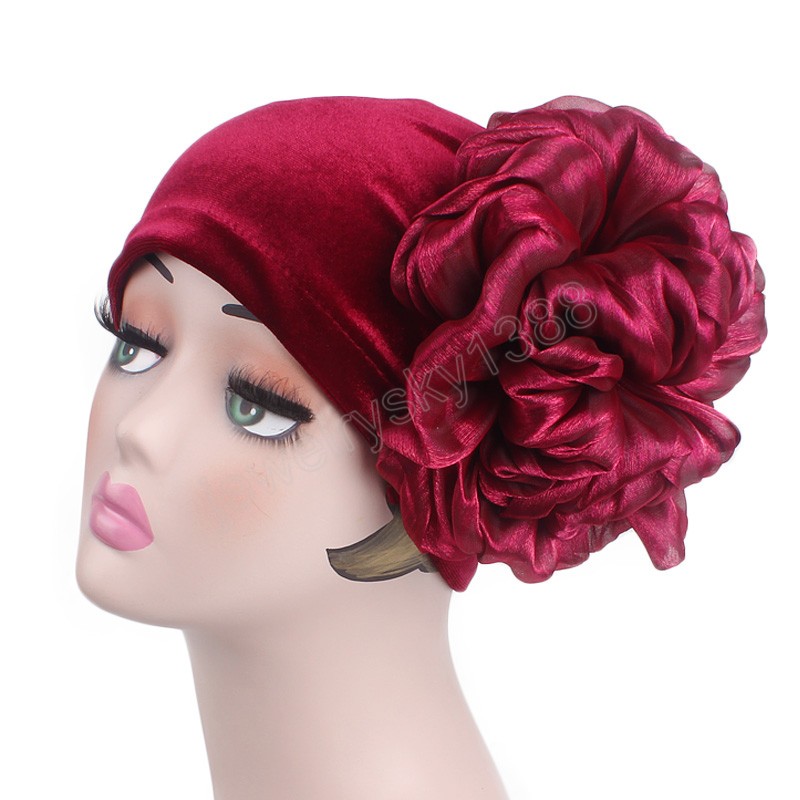 Women Large Flower velvet turban head wrap Bonnet Muslim Hijab Headscarf Chemo Cap Beanie Hair Loss Head Cover Wrap Wedding Hat