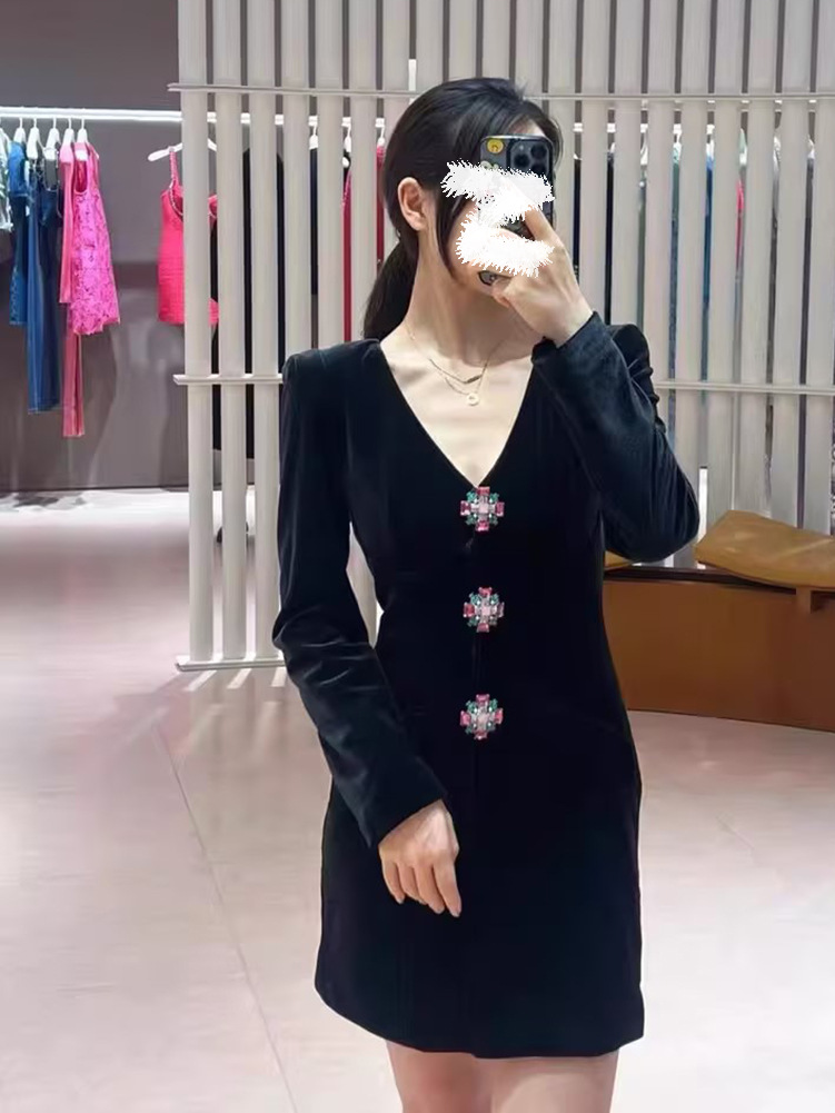 1003 L 2023 Runway Dress V Neck Long Sleeve Dress Empire Black varumärke samma stil klänning Flora tryck högkvalitativ kvinnors kläder Changji