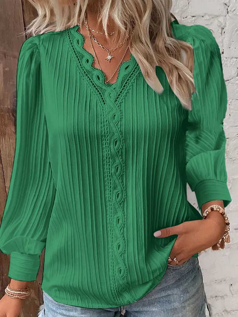 Damesblouses Shirts Elegante blouse Effen overhemd Kant Herfst Lange mouw V-hals Paneel Pullover Top Office Lady SXL