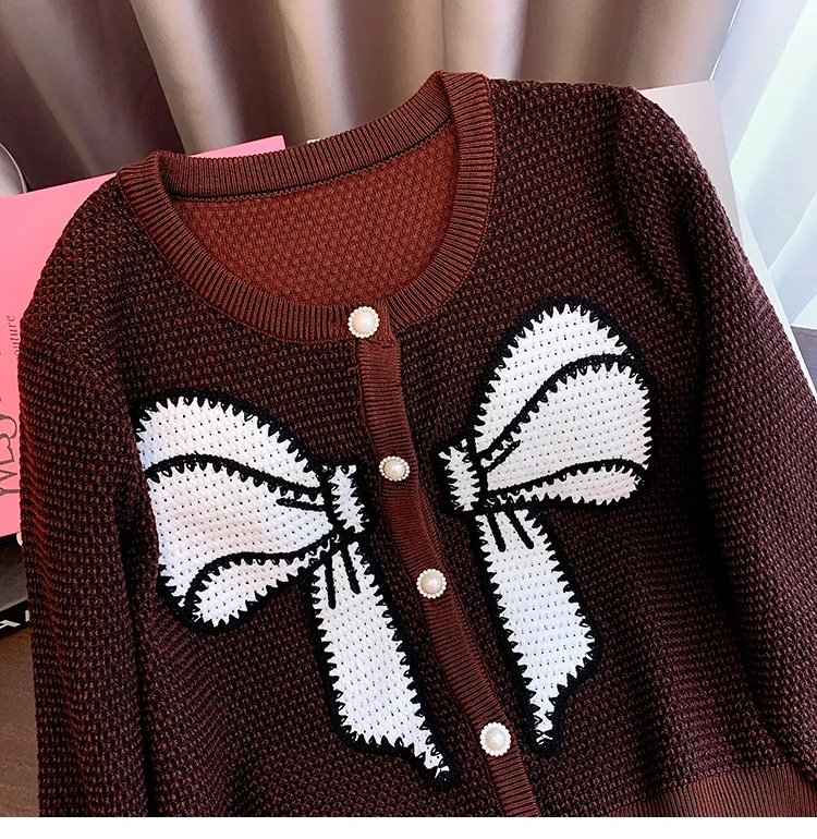 Bowtie bestickt elegante Strickjacke Pullover Frauen Maillard Farbe stilvolle Mode Damen Tops 2024 Frühling Langarm Pullover
