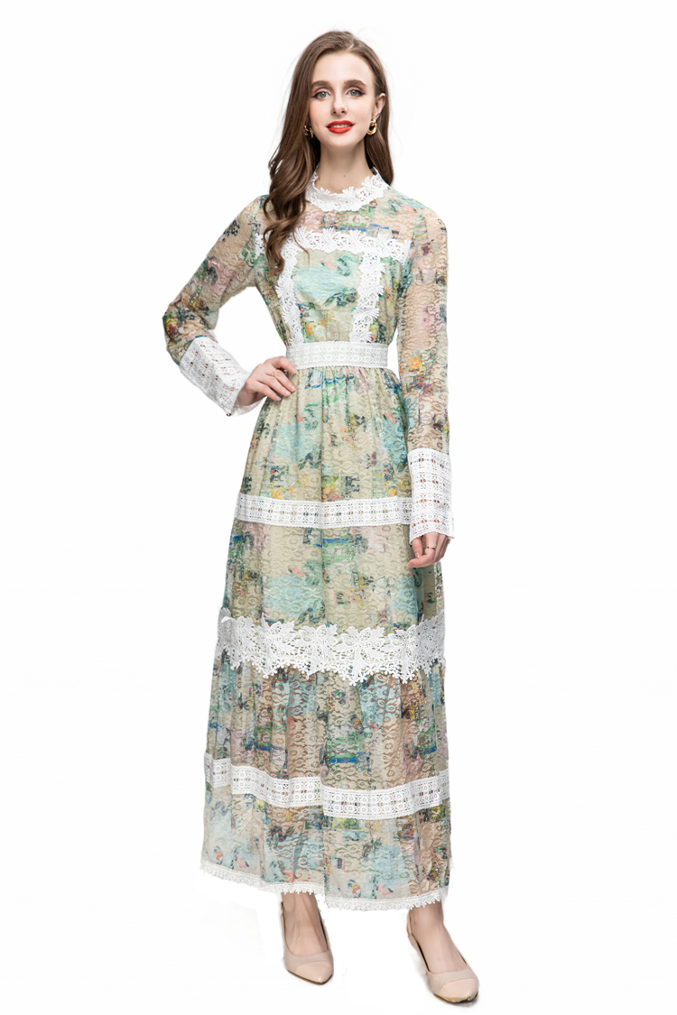 Women's Runway Dresses O Neck Long Sleeves Embroidery Striped Printed Layered Elegant Party Prom Gown