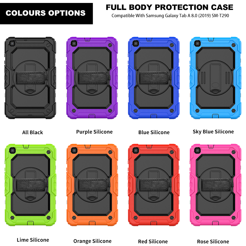 Hand Strap 360 Rotating Stand Case For Samsung Galaxy Tab A 8.0 inch T290 T295 Silicone PC Full Body Protective Kids Tablet Cover with Screen PET Film Shoulder Strap