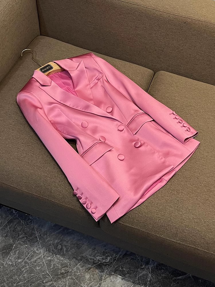 2023 Automne Rose Couleur Unie Deux Pièces Ensembles De Robe À Manches Longues Revers Cranté Blazers À Double Boutonnage Haut Avec Camisole Et Jupe Courte Costumes Ensemble O3O061201