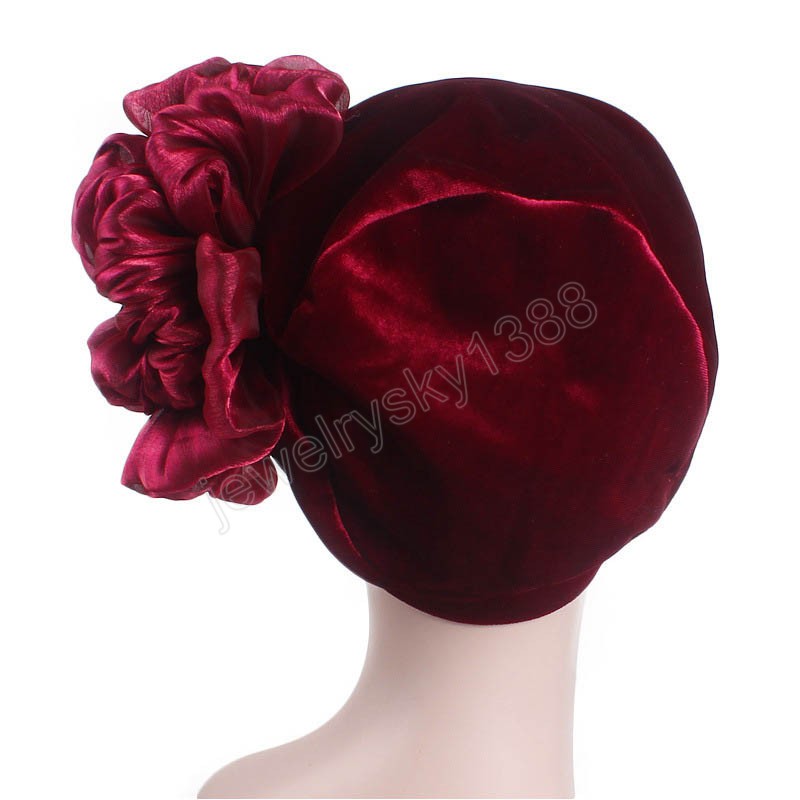 Women Large Flower velvet turban head wrap Bonnet Muslim Hijab Headscarf Chemo Cap Beanie Hair Loss Head Cover Wrap Wedding Hat