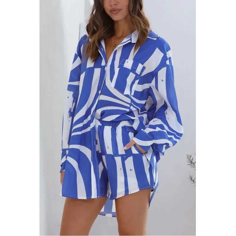 Women's Two Piece Pants Elegant Blouse Shorts Pieces Sets Printed Loose Summer Casual Home Furnishes Beach Vacation Lady Suit SXL