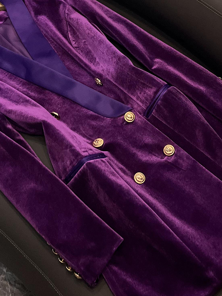 2023 outono roxo cor sólida painéis vestido de veludo manga longa entalhado-lapela botões vestidos casuais trespassado o3o070106