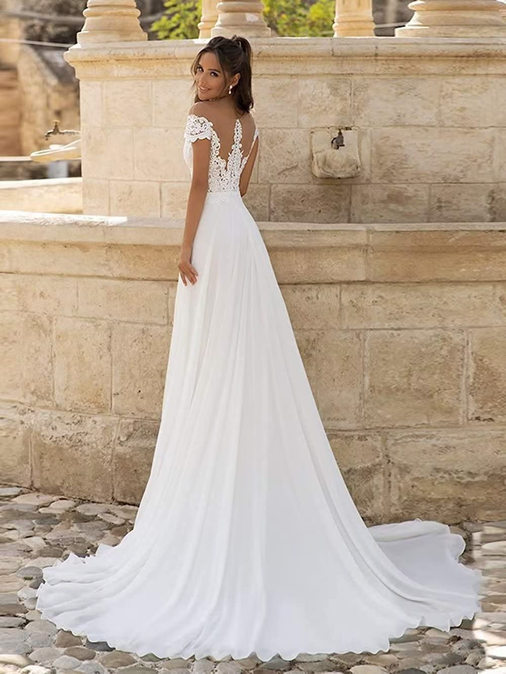 Off Shoulder Bridal Dress Deep V Sexy Side Slit Lace Applique Chiffon Formal Beach Trailing Wedding Dress