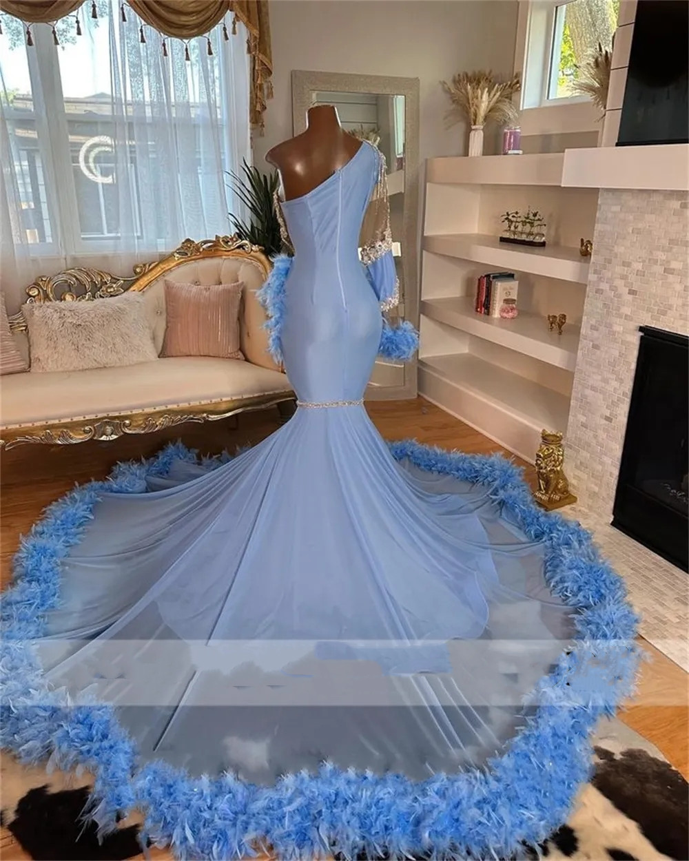 Luxury Blue Feathers Crystal Mermaid Black Girls Prom Dresses Formal Dresses Party Gowns Long Sleeve African Robes De Soiree