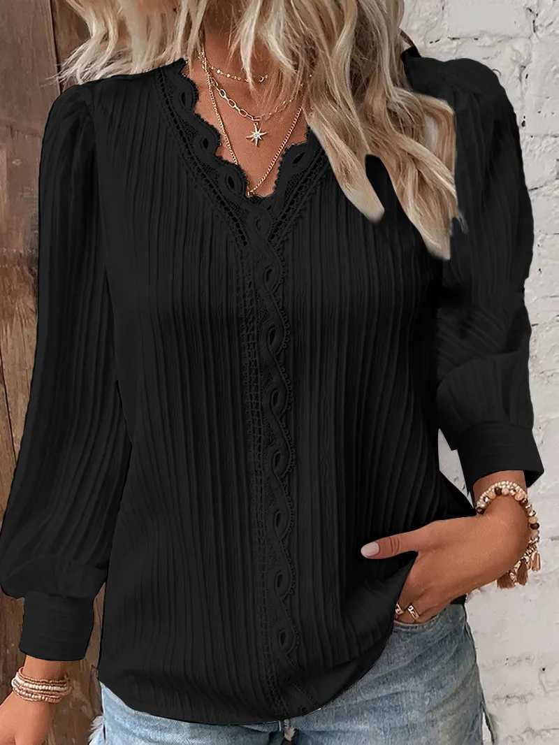 Damesblouses Shirts Elegante blouse Effen overhemd Kant Herfst Lange mouw V-hals Paneel Pullover Top Office Lady SXL