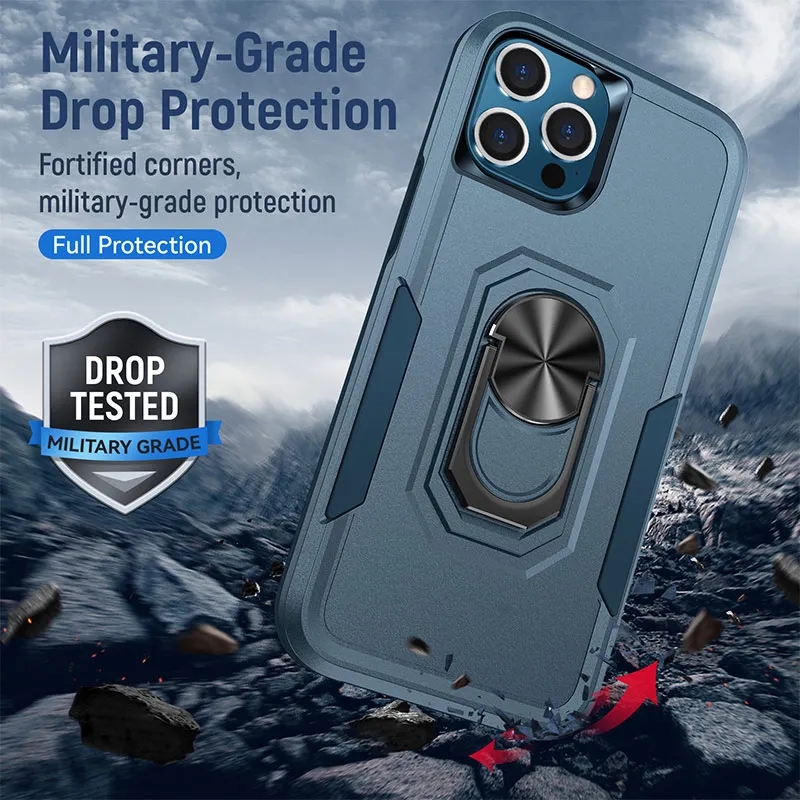 Magnetic Hybrid 2 In 1 Shockproof Phone Cases For iPhone 15 14 13 12 11 Pro Max Plus Xr Xs Samsung Galaxy S23 Ultra A13 A32 A72 A52 Armor Ring Holder Protective Cover