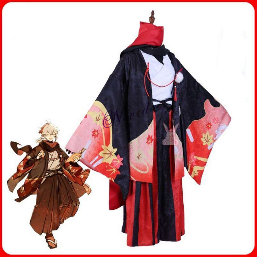 Anime Genshin Etki Beş Kasen Cosplay Kaedehara Kazuha Cosplay Kostümü Kimono Cadılar Bayramı Karnavalı Samurai Kostüm Prop Wigcosplay