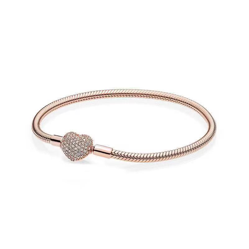 Bracelet de créateur en argent 925 avec tête de bouton et chaîne en os de serpent, or rose, cœur d'amour, plein de diamants, bracelet classique pour femmes, vente en gros