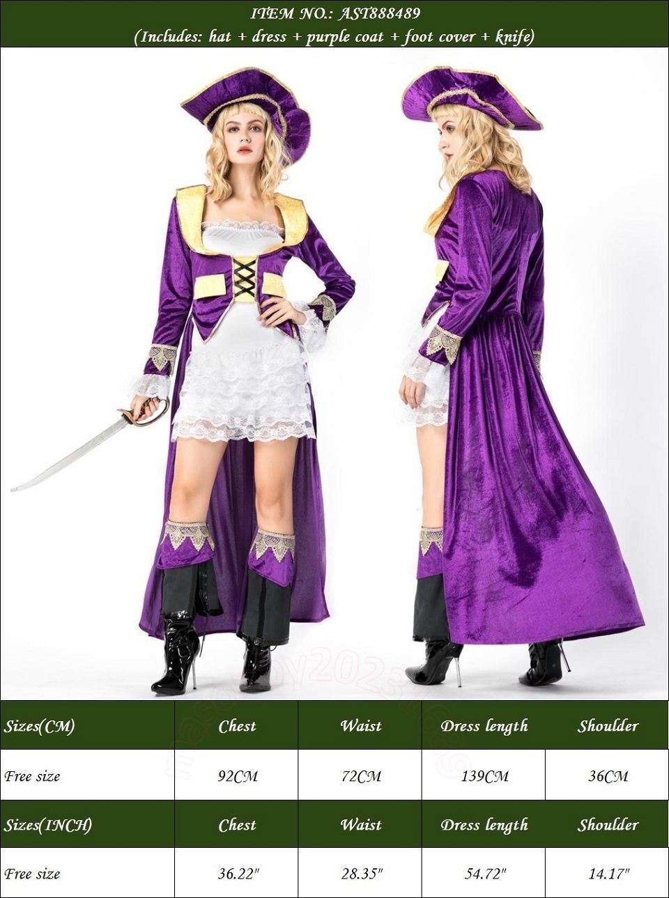 Nova chegada roxo feminino pirata robe traje pirata roupa de desempenho de palco feito de tecido de seda de leite