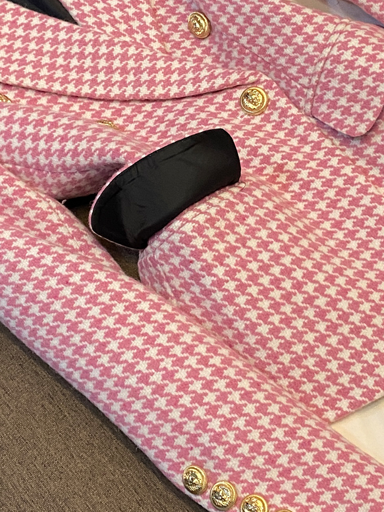 2023 Autumn Pink Houndstooth Panelled Blazers Long Sleeve Notched-Lapel Buttons Double-Breasted Outwear Coats O3O072106