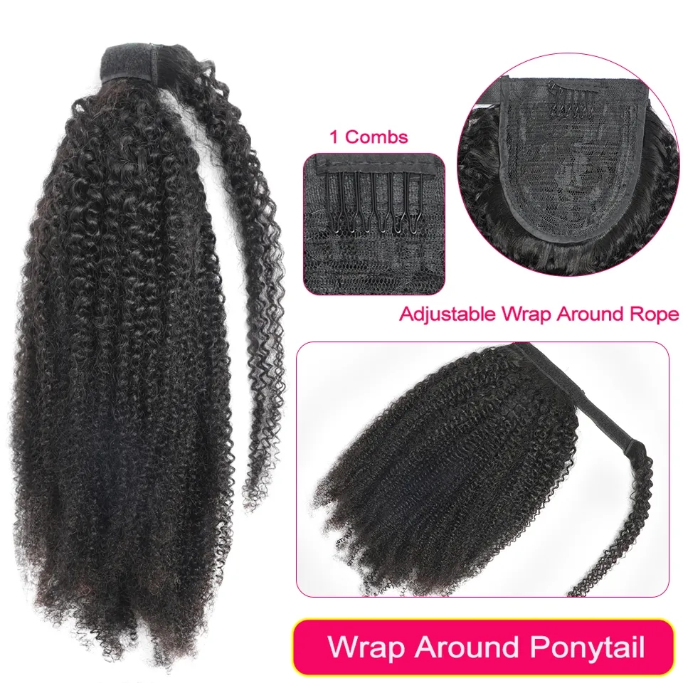 Afro Kinky Curly Kordelzug Pferdeschwanz Mongolisch Kinky Curly Wrap Around Pferdeschwanz 4B 4C Remy Haarverlängerungen Echthaar Pferdeschwanz Haarteil 120g Tiefschwarz