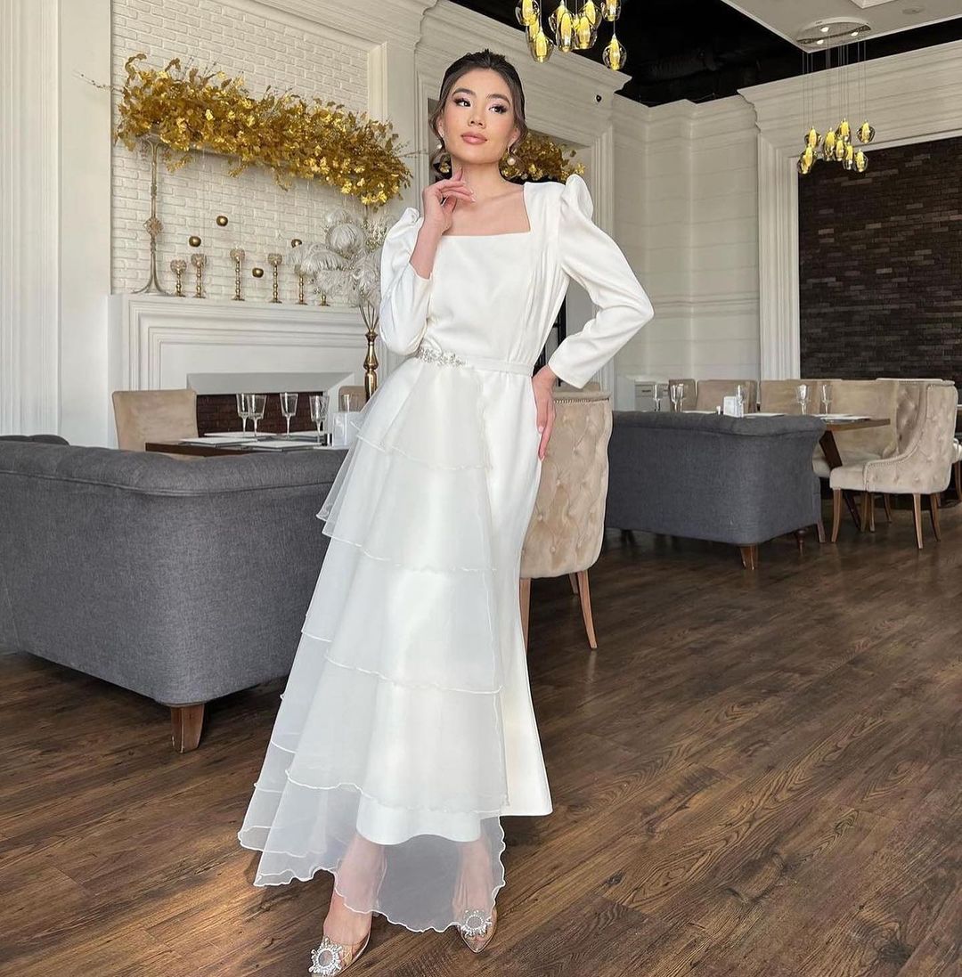 Elegant White Tea Length Prom Dresses A-Line Square Neckline Cocktail Party Gown Overskirt Short Evening Dress