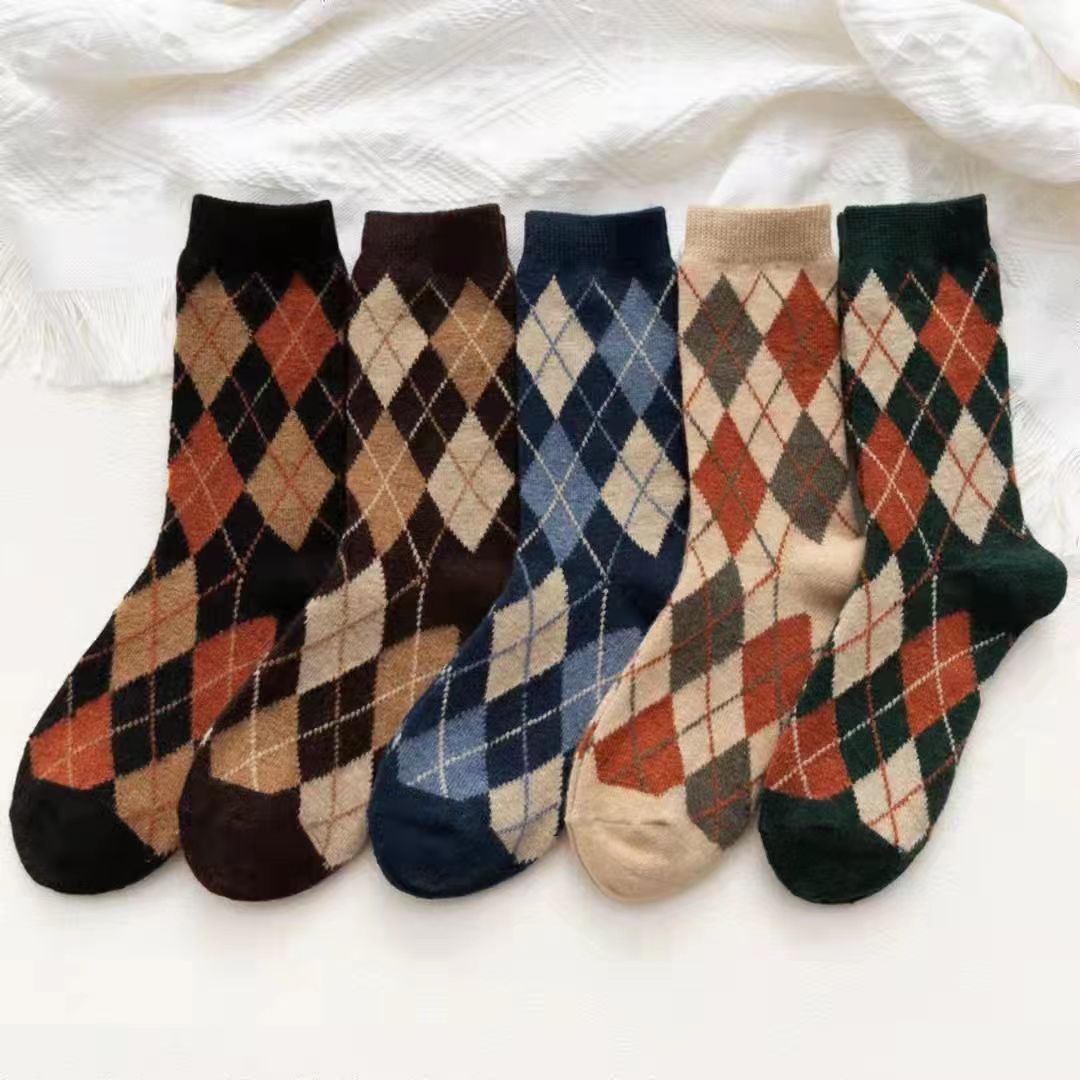 5 комплектов парных женских зимних носков средней длины, утепленные, теплые, в клетку, японские винтажные осенние и зимние шерстяные носки с ворсом