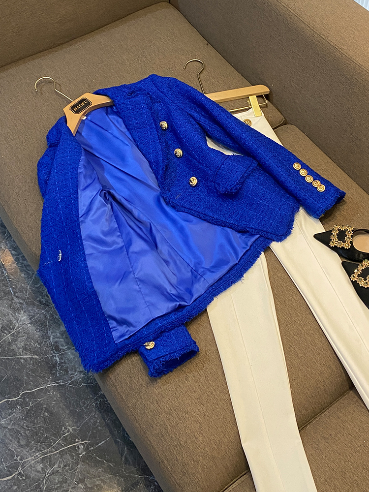 2023 Autumn Blue Solid Color Panelled Tassel Tweed Blazers Long Sleeve Notched-Lapel Buttons Double-Breasted Outwear Coats O3O072542