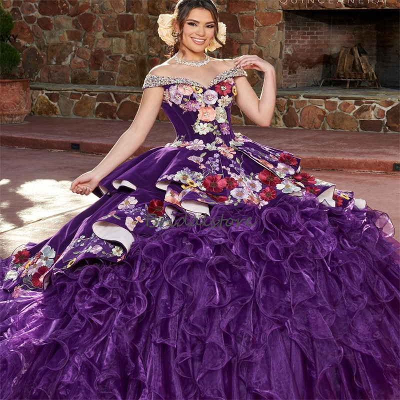 Luxo charro preto quinceanera vestido 2024 traje mexicano vestido de baile em camadas flores doce 15 anos vestido de aniversário vestido de xv vestidos debutantes masquerade