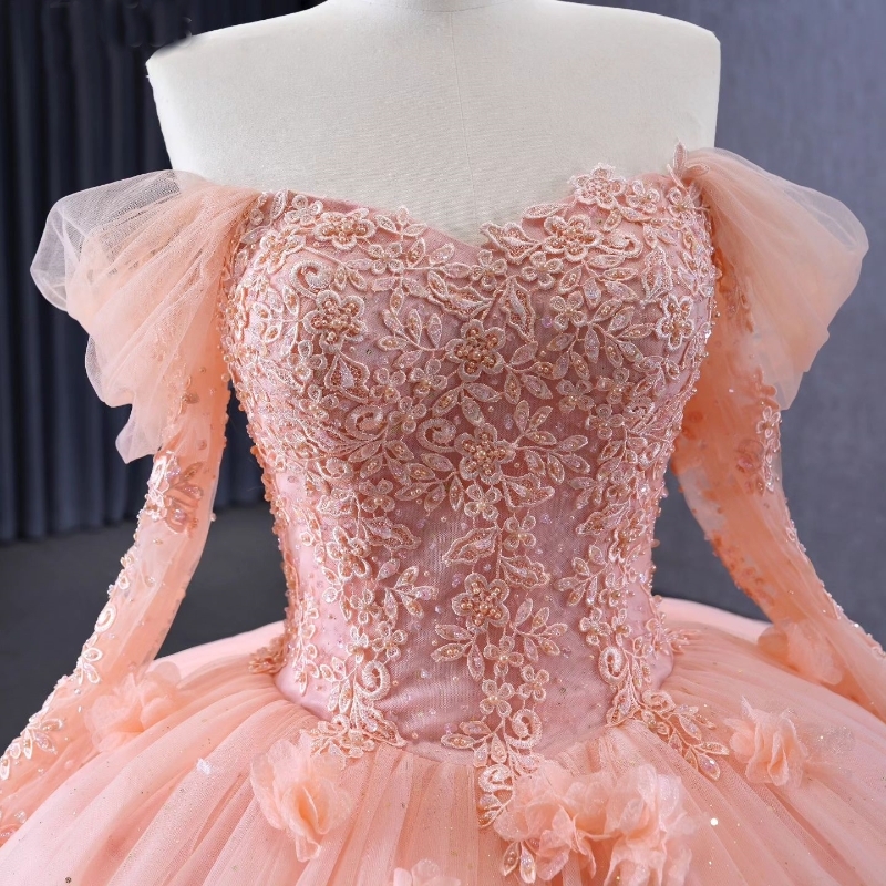 Rose Princesse Chérie Robe De Bal Quinceanera Robes Hors Épaule Fleurs Appliques Perles Tulle De Luxe Corset Robes De 15 Anos