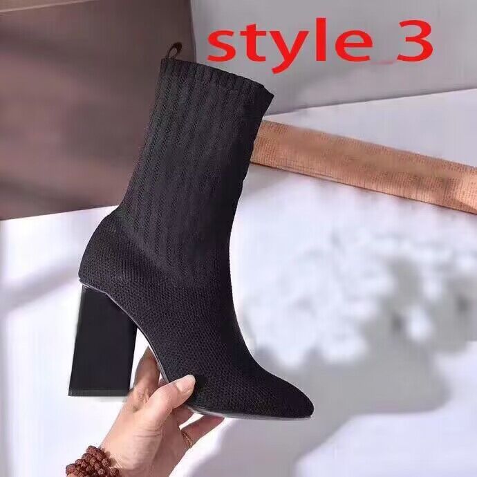 Autumn Winter Boots Socks Heeled Heel Boots Fashion Sexig stickad Elastic Boot Designer Alfabetiska kvinnor Skor Lady Letter Thick High Hools Stor storlek 35-42 med låda