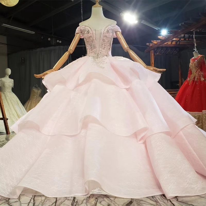 2024 rosa brilhante querida quinceanera vestidos de baile fora do ombro miçangas lantejoulas em camadas doces vestidos de 15 meninas