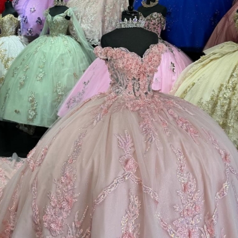 Mexicaanse roze glanzende stoffen kant uit de schouder 15-jarige Quinceanera jurk Sweet 16 jurk partij jurk Lace Up vstidos de gala