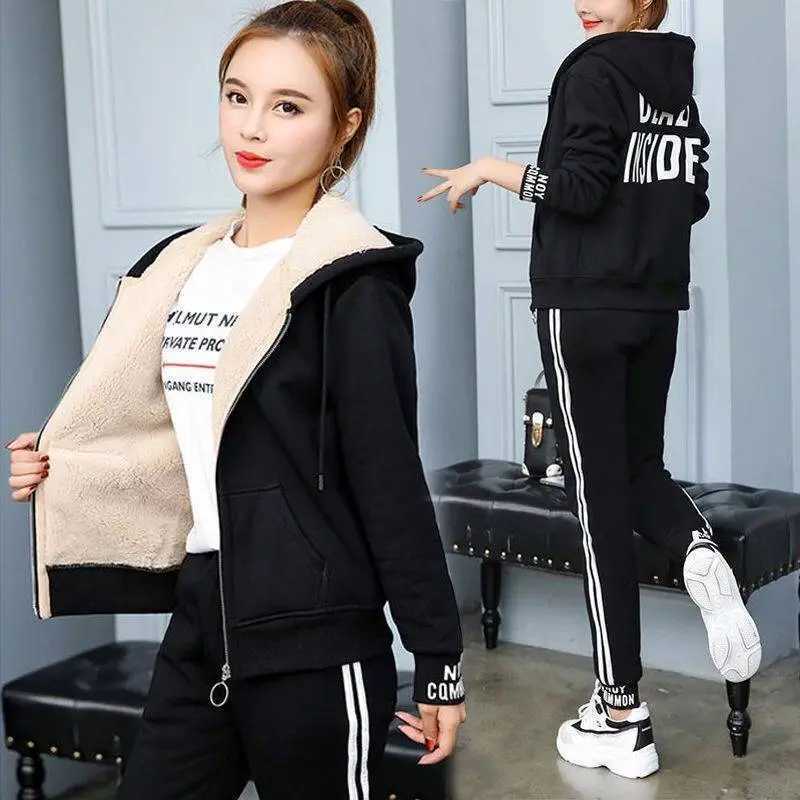 Dames tweedelige broek Darkgrijze Winter Nieuwe dikke dikke Lamb Fleece Hoodie Jacket Casual brede been Elegant trainingspak