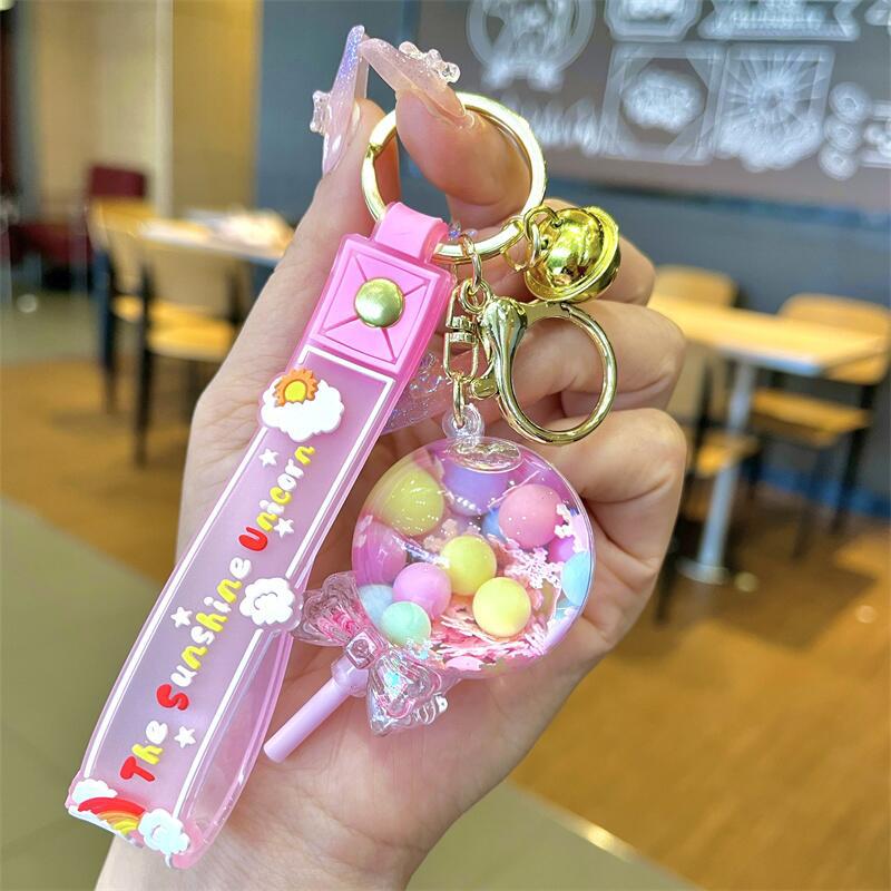 Cute Pink Donut Quicksand Bottle Acrylic Keychain School Bag Car Cartoon Key Pendant As A Toy Or Gift For Anyone