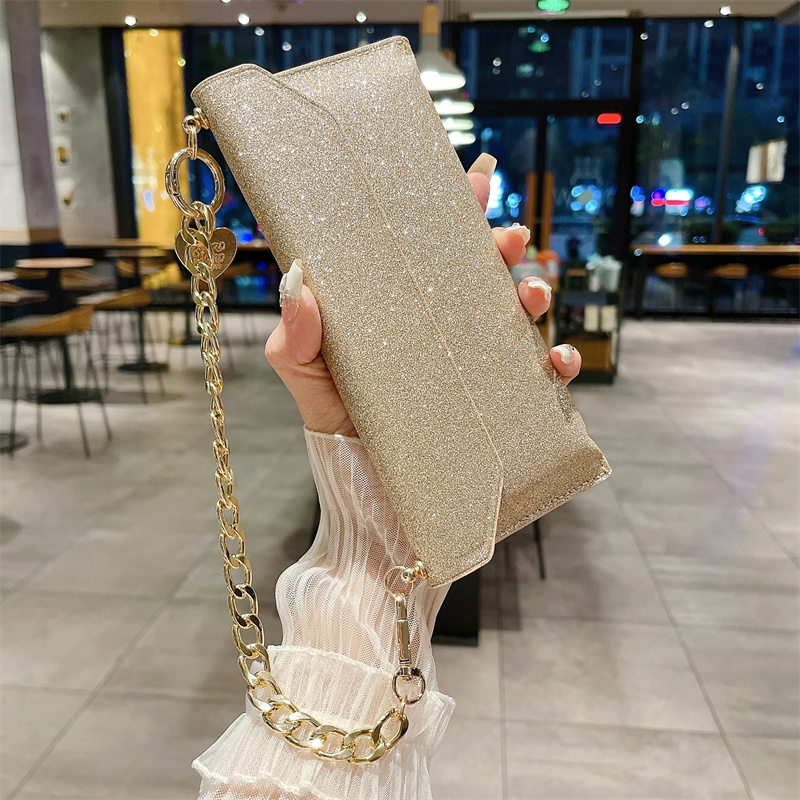 Luxury Universal Necklace Glitter Handbag Vogue Phone Case för iPhone Samsung Sony LG Google Sturdy Sparkle Magnetic Lychee Grain Leather Purse Protective Shell