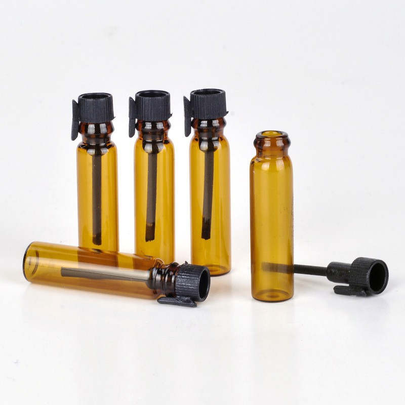 Frascos de perfume de vidro marrom escuro 1ml 2ml óleo essencial vazio tubos de ensaio de amostra portátil com rolha de plástico frasco de teste de embalagem cosmética líquida
