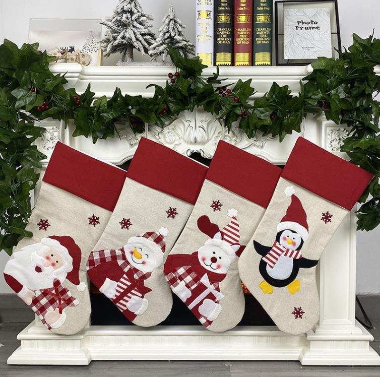 Linen Christmas Ornaments Stockings Socks with Santa Claus Christmas Lovely Bag For Children Candy Gift Bag Fireplace Xmas Tree Decoration SN5289