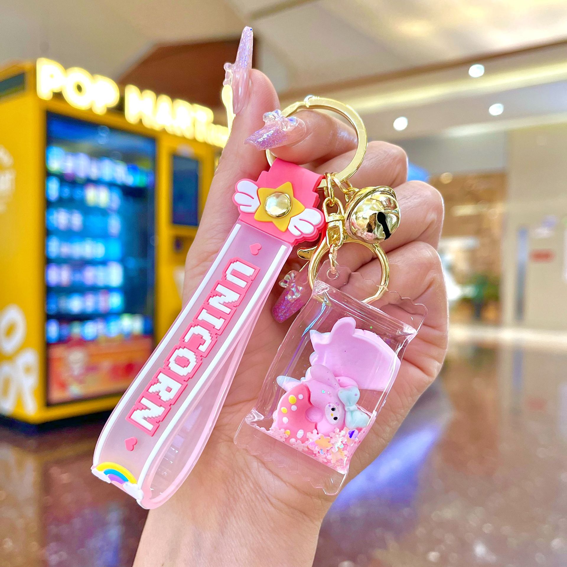 Schattige roze donut drijfzand fles acryl sleutelhanger schooltas auto cartoon sleutel hanger als speelgoed of cadeau voor iedereen