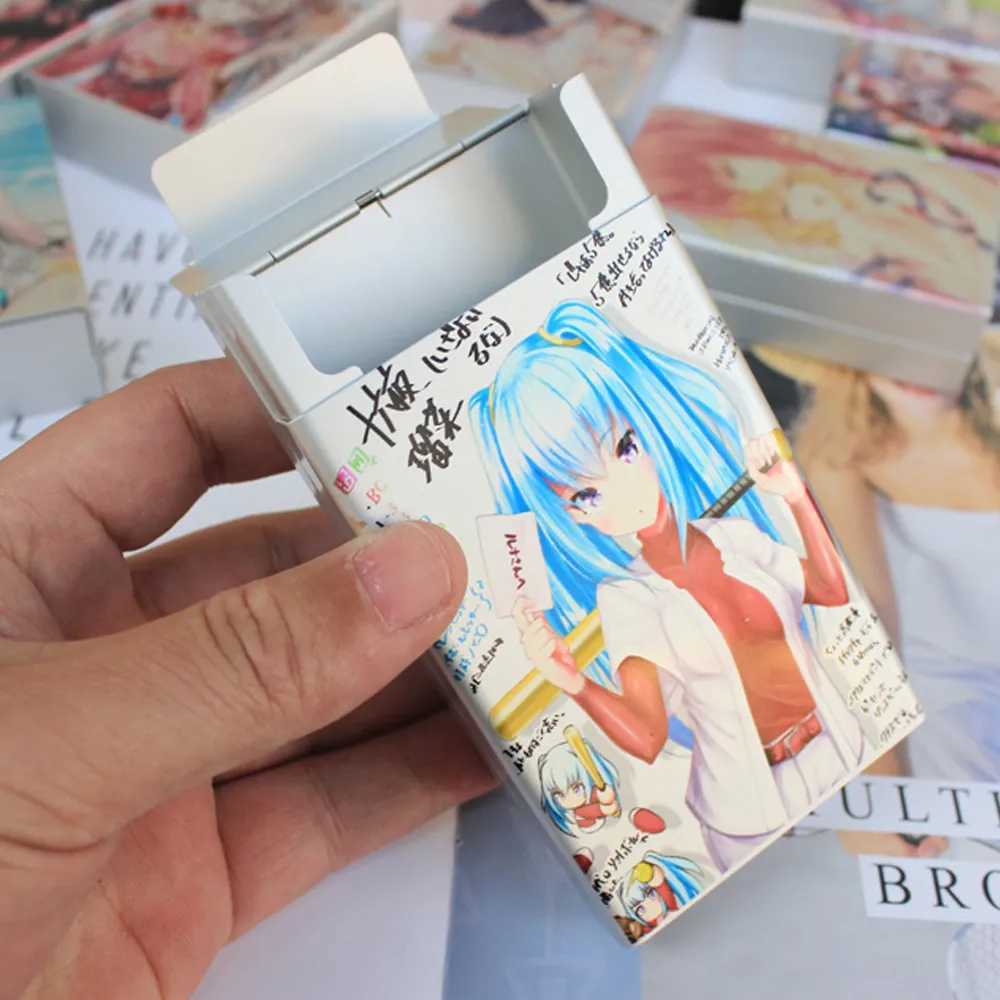 Tändare japanska anime cigarettfodral aluminiumlegering sexig söt animation tobakslåda container lagringsbox röker tillbehör hfvu