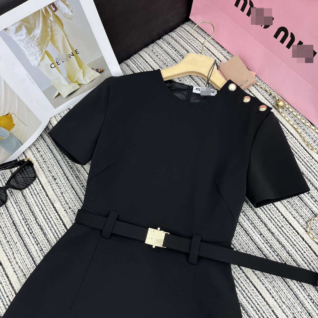 925 2023 Milan Style Runway Dress Autumn Crew Neck Short Sleeve Black Above Knee Brand Same Style Empire Womens Dress Fashion shan