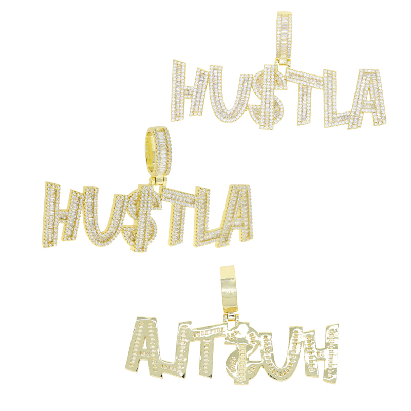 Ny designer Hustla Letter US Dollar Sign Pendant Charm Necklace Iced Out for Men Bling Cubic Zirconia CZ Charm Gold Plated Hip Hop Fashion Jewelry
